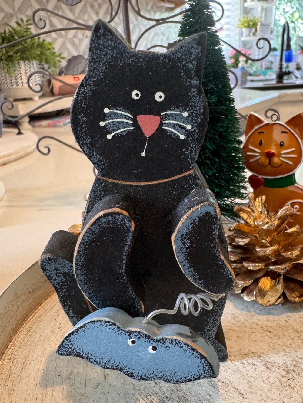 VTG Halloween Black Cat Wooden Figurine with Bat Accent